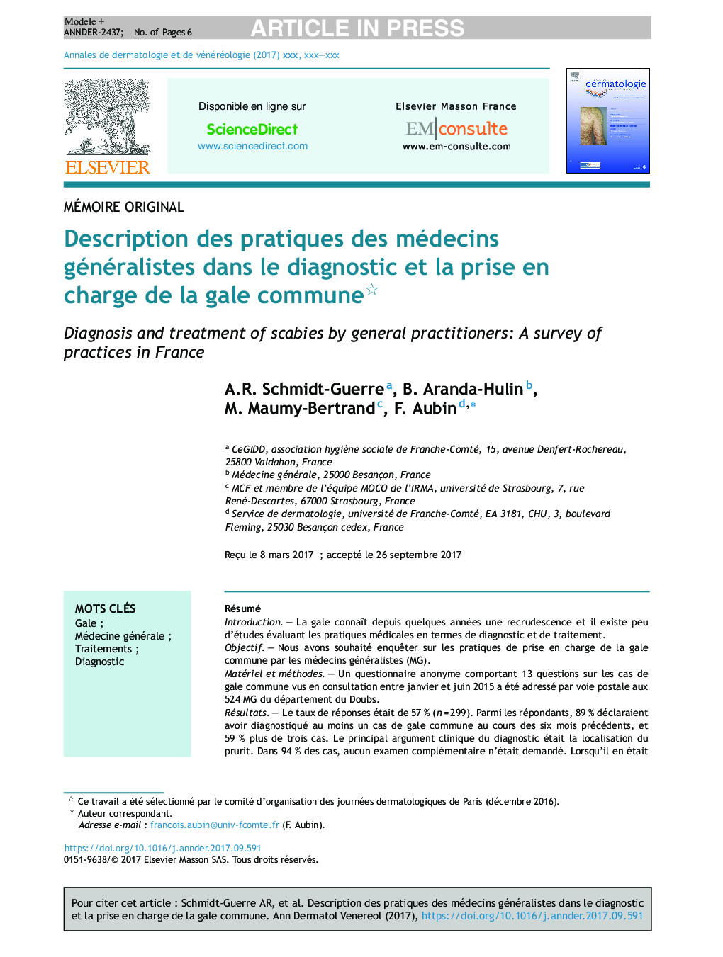 Description des pratiques des médecins généralistes dans le diagnostic et la prise en charge de la gale commune