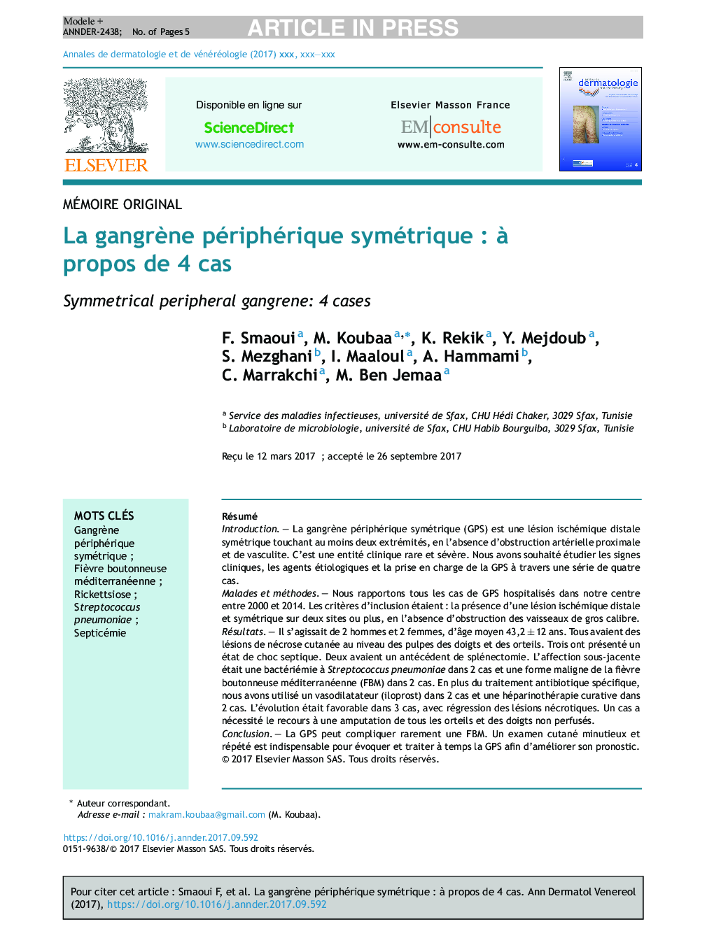 La gangrÃ¨ne périphérique symétriqueÂ : Ã  propos de 4Â cas