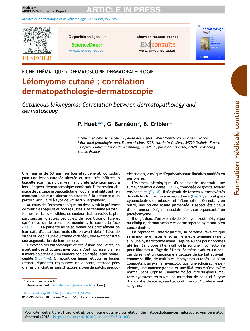 Léiomyome cutanéÂ : corrélation dermatopathologie-dermatoscopie