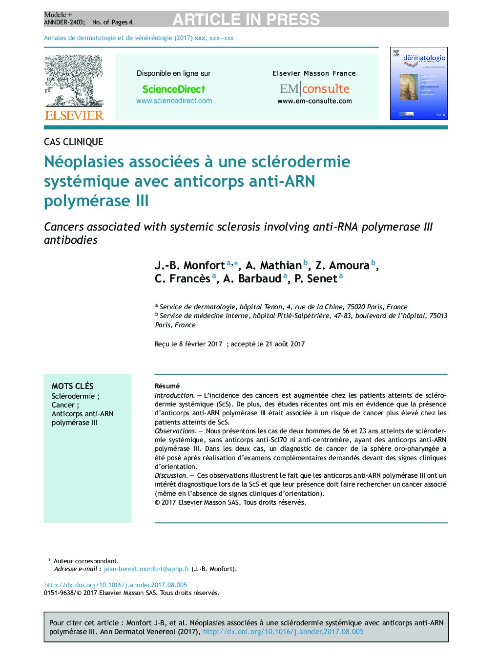 Néoplasies associées Ã  une sclérodermie systémique avec anticorps anti-ARN polymérase III