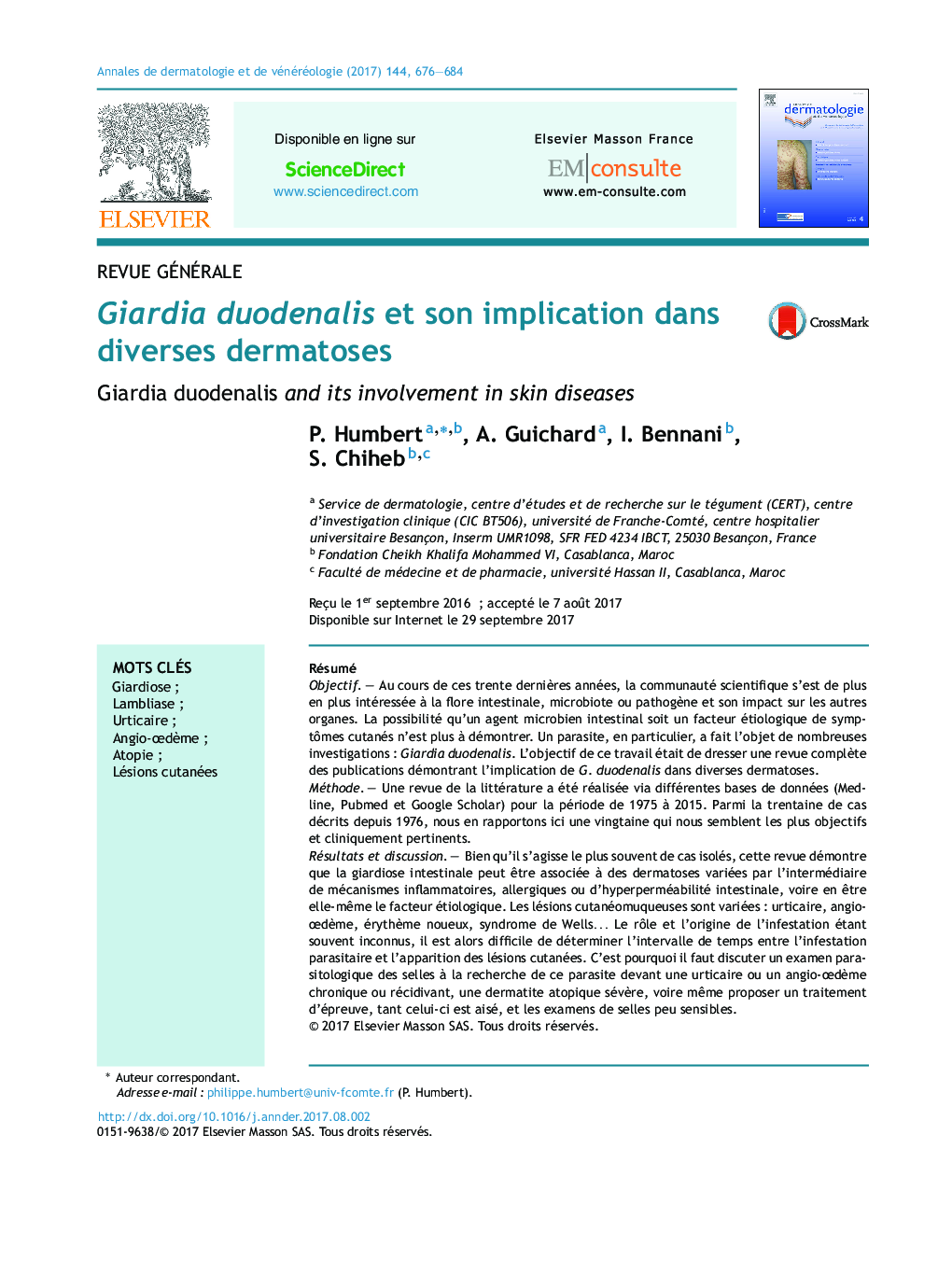 Giardia duodenalis et son implication dans diverses dermatoses