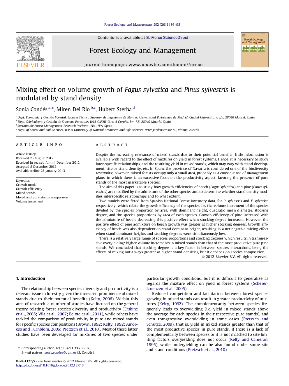 Mixing effect on volume growth of Fagus sylvatica and Pinus sylvestris is modulated by stand density