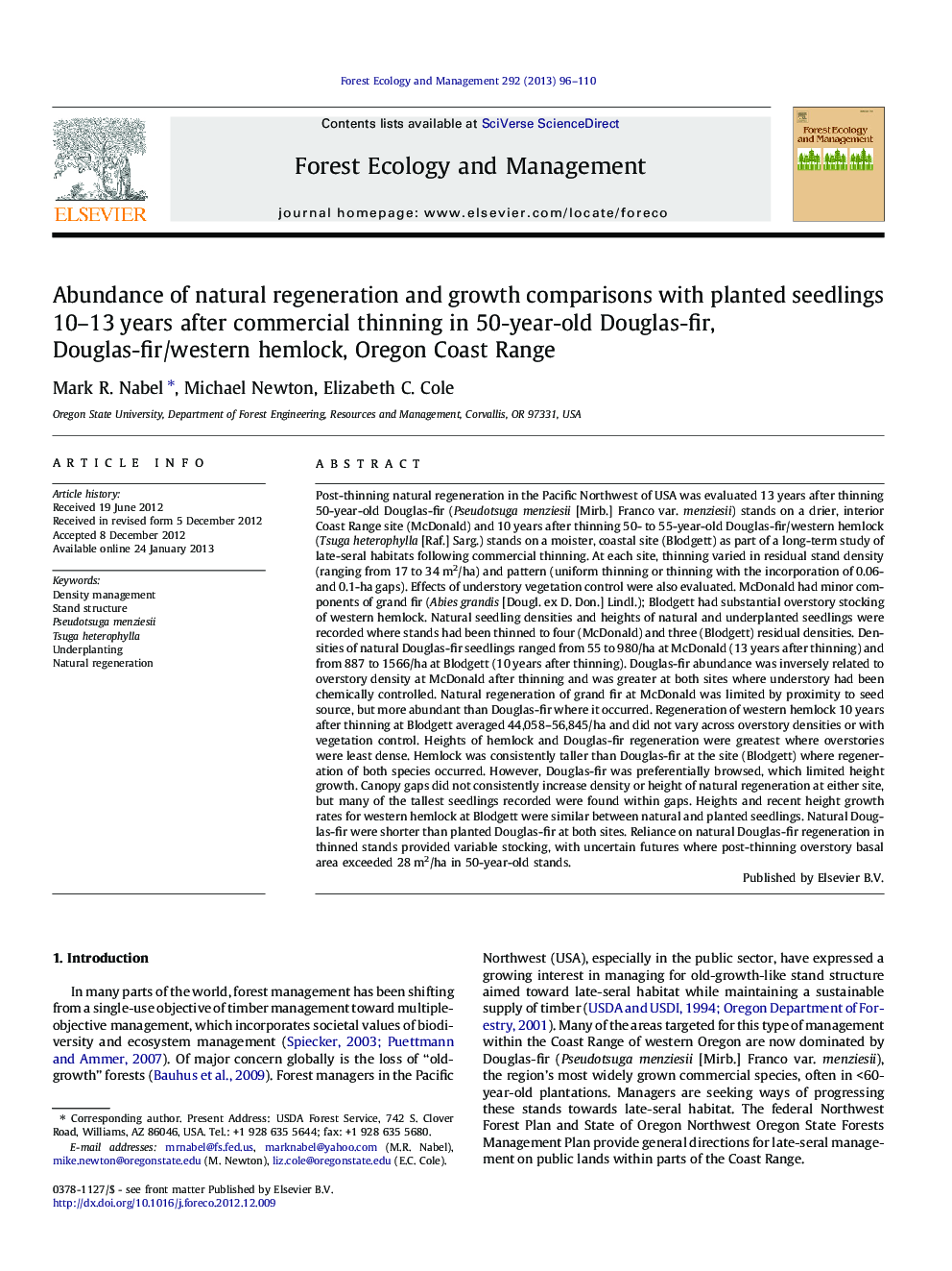 Abundance of natural regeneration and growth comparisons with planted seedlings 10–13 years after commercial thinning in 50-year-old Douglas-fir, Douglas-fir/western hemlock, Oregon Coast Range