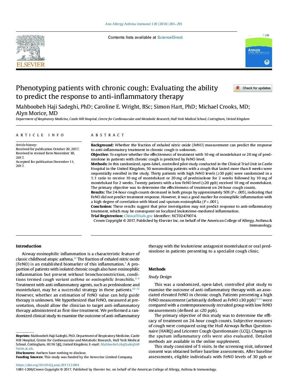 Phenotyping patients with chronic cough: Evaluating the ability to predict the response to anti-inflammatory therapy