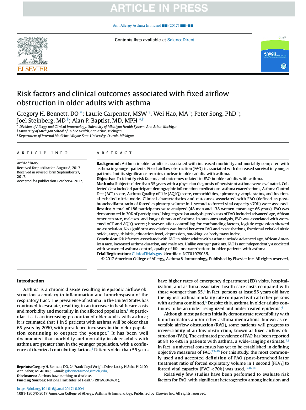 Risk factors and clinical outcomes associated with fixed airflow obstruction in older adults with asthma