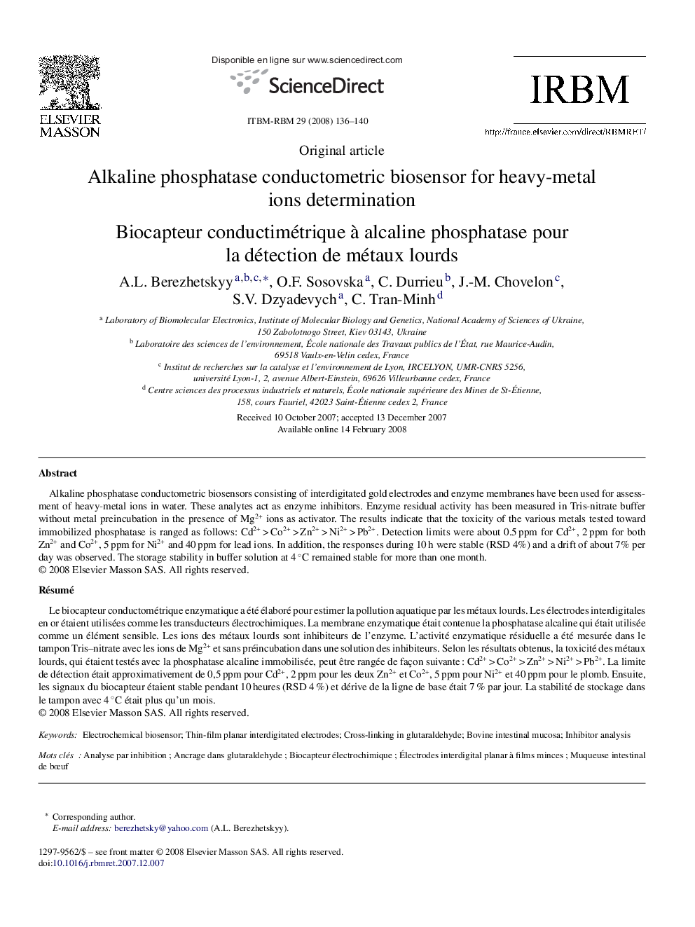 Alkaline phosphatase conductometric biosensor for heavy-metal ions determination