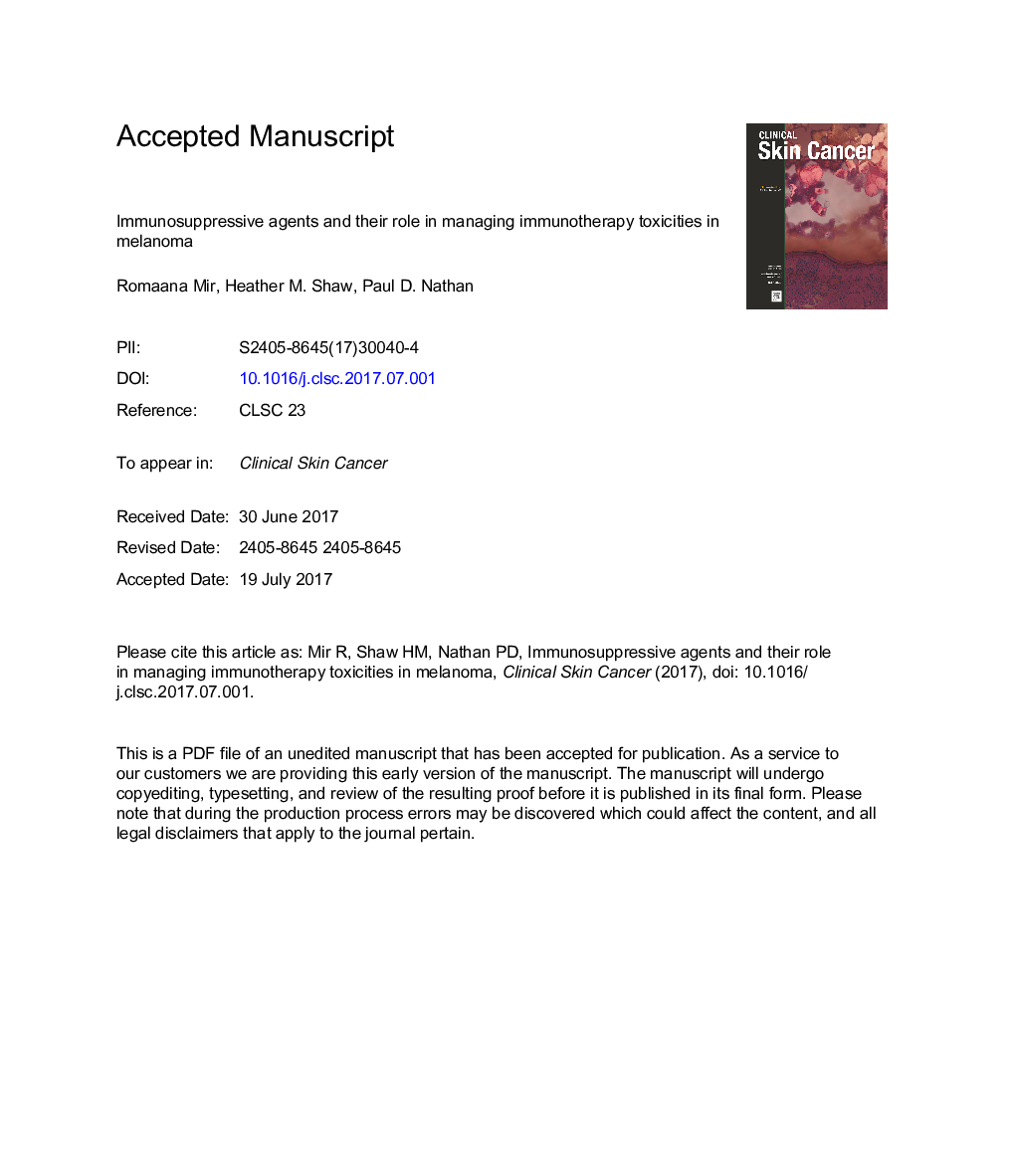 Immunosuppressive Agents and Their Role in Managing Immunotherapy Toxicities in Melanoma