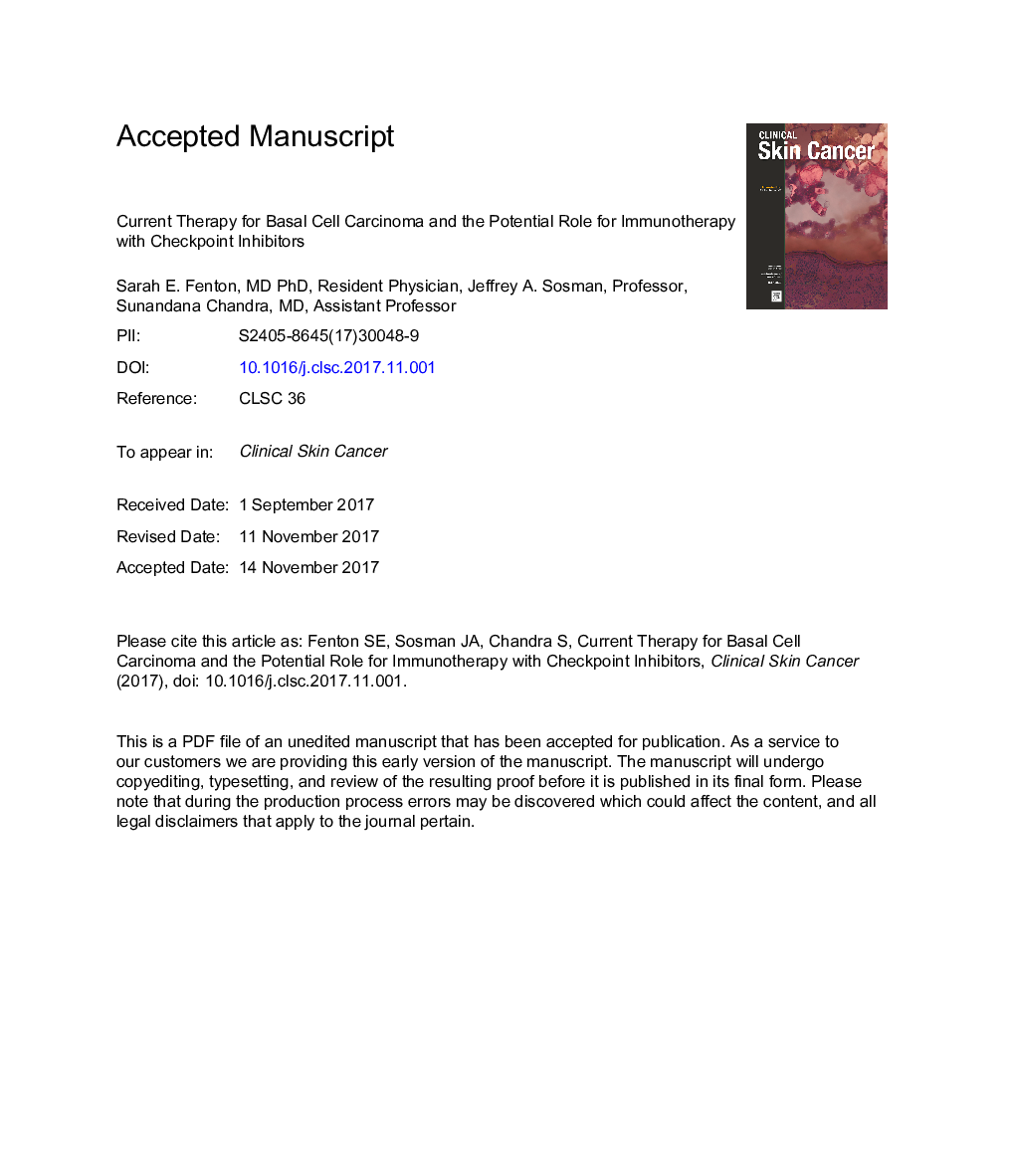 Current Therapy for Basal Cell Carcinoma and the Potential Role for Immunotherapy With Checkpoint Inhibitors