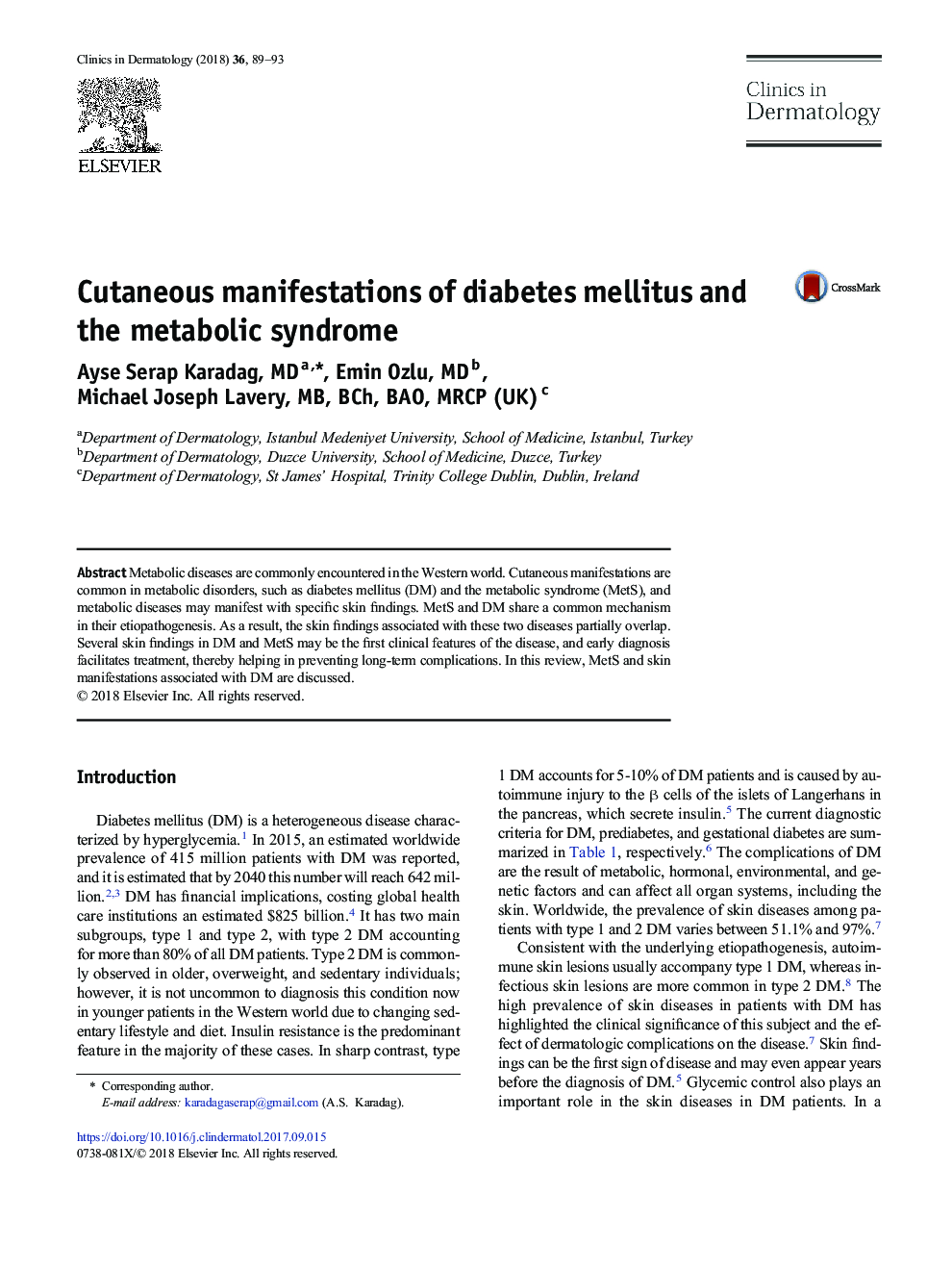 Cutaneous manifestations of diabetes mellitus and the metabolic syndrome