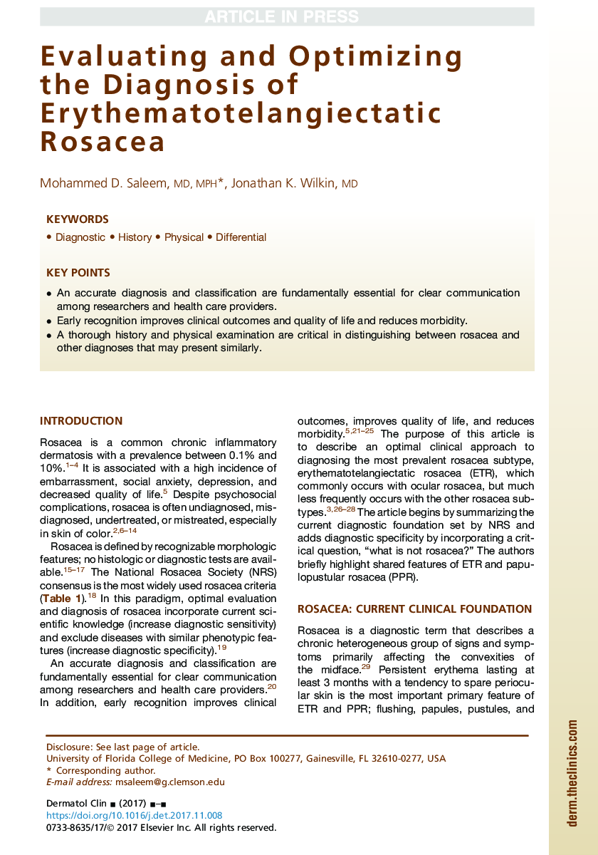 Evaluating and Optimizing the Diagnosis of Erythematotelangiectatic Rosacea
