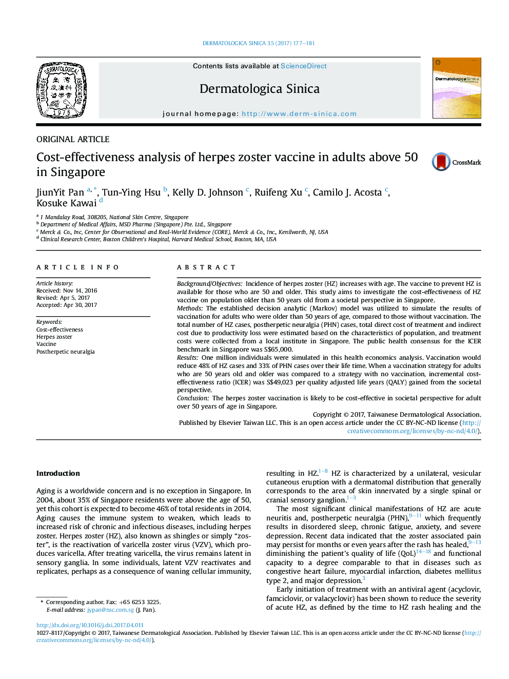 Cost-effectiveness analysis of herpes zoster vaccine in adults above 50 in Singapore