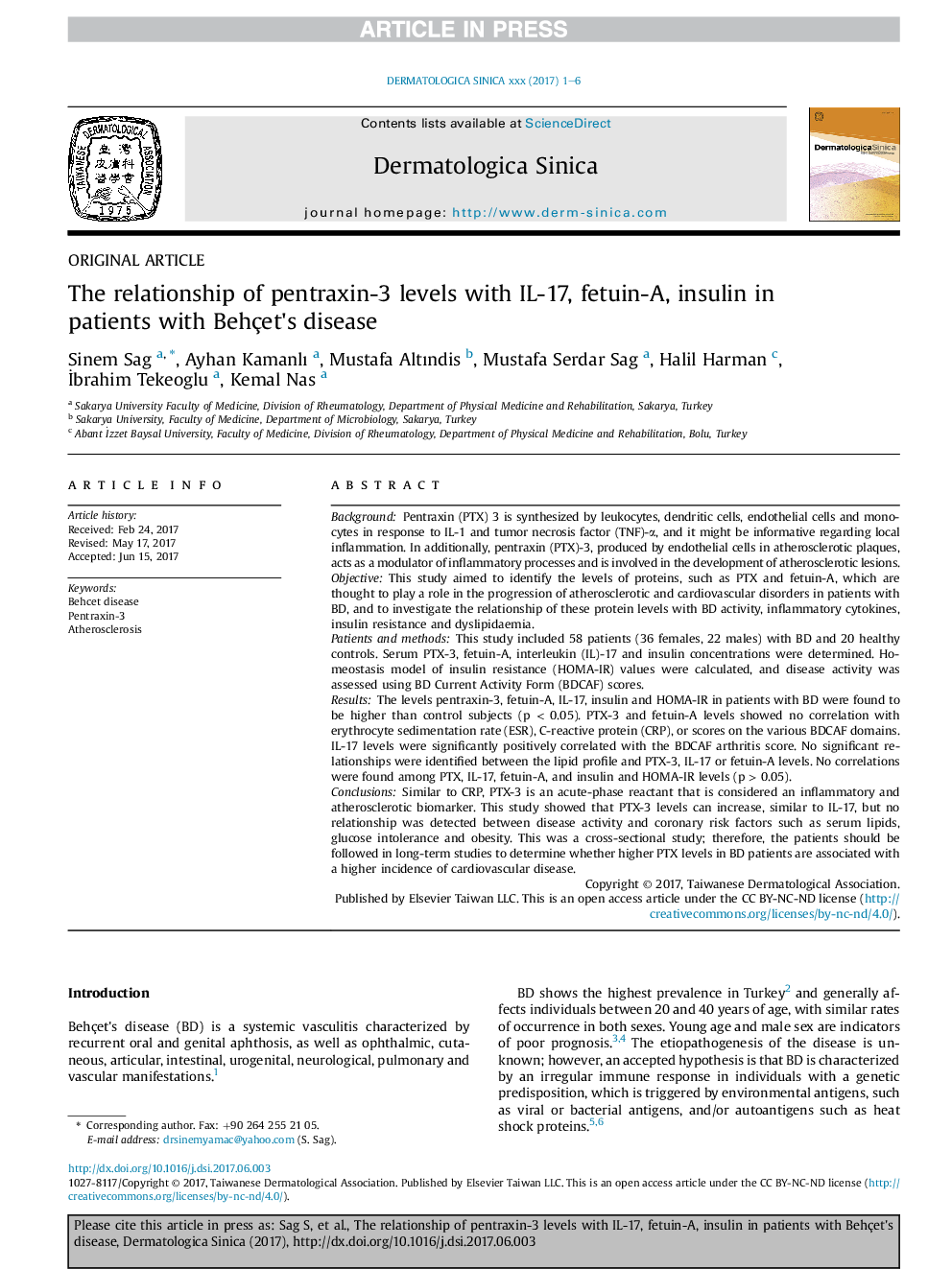 The relationship of pentraxin-3 levels with IL-17, fetuin-A, insulin in patients with Behçet's disease