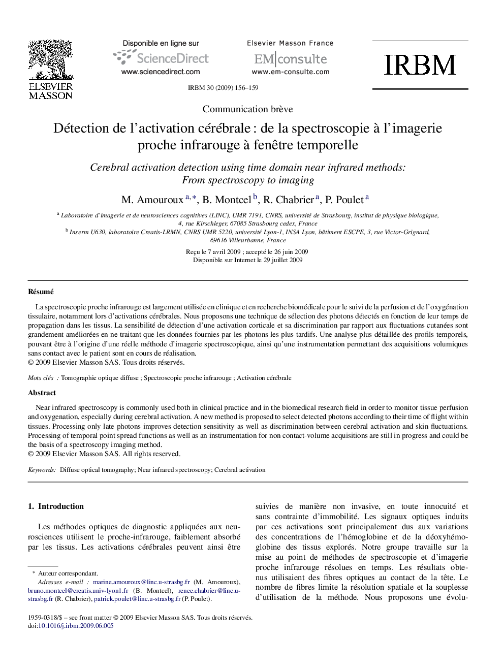عکس صفحه اول مقاله: Détection de l’activation cérébrale : de la spectroscopie à l’imagerie proche infrarouge à fenêtre temporelle Détection de l’activation cérébrale : de la spectroscopie à l’imagerie proche infrarouge à fenêtre temporelle