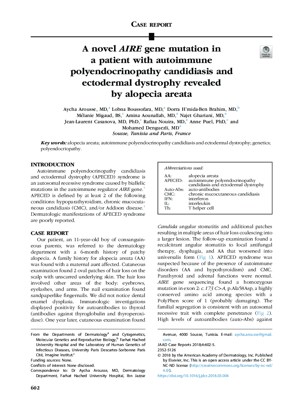 A novel AIRE gene mutation in a patient with autoimmune polyendocrinopathy candidiasis and ectodermal dystrophy revealed by alopecia areata