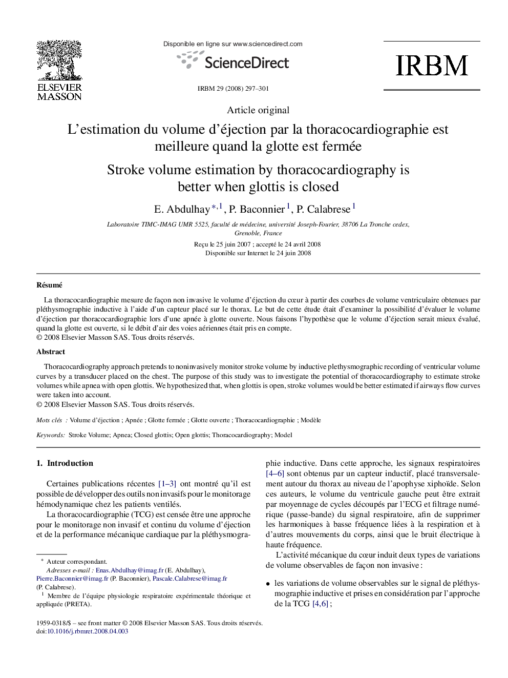 L'estimation du volume d'éjection par la thoracocardiographie est meilleure quand la glotte est fermée