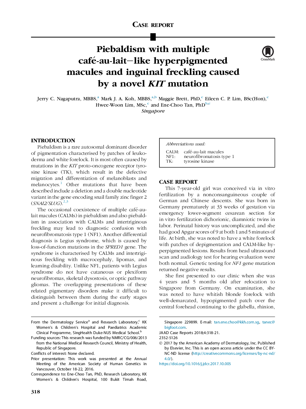 Piebaldism with multiple café-au-lait-like hyperpigmented macules and inguinal freckling caused by a novel KIT mutation