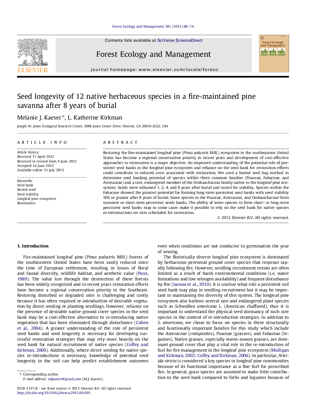 Seed longevity of 12 native herbaceous species in a fire-maintained pine savanna after 8 years of burial