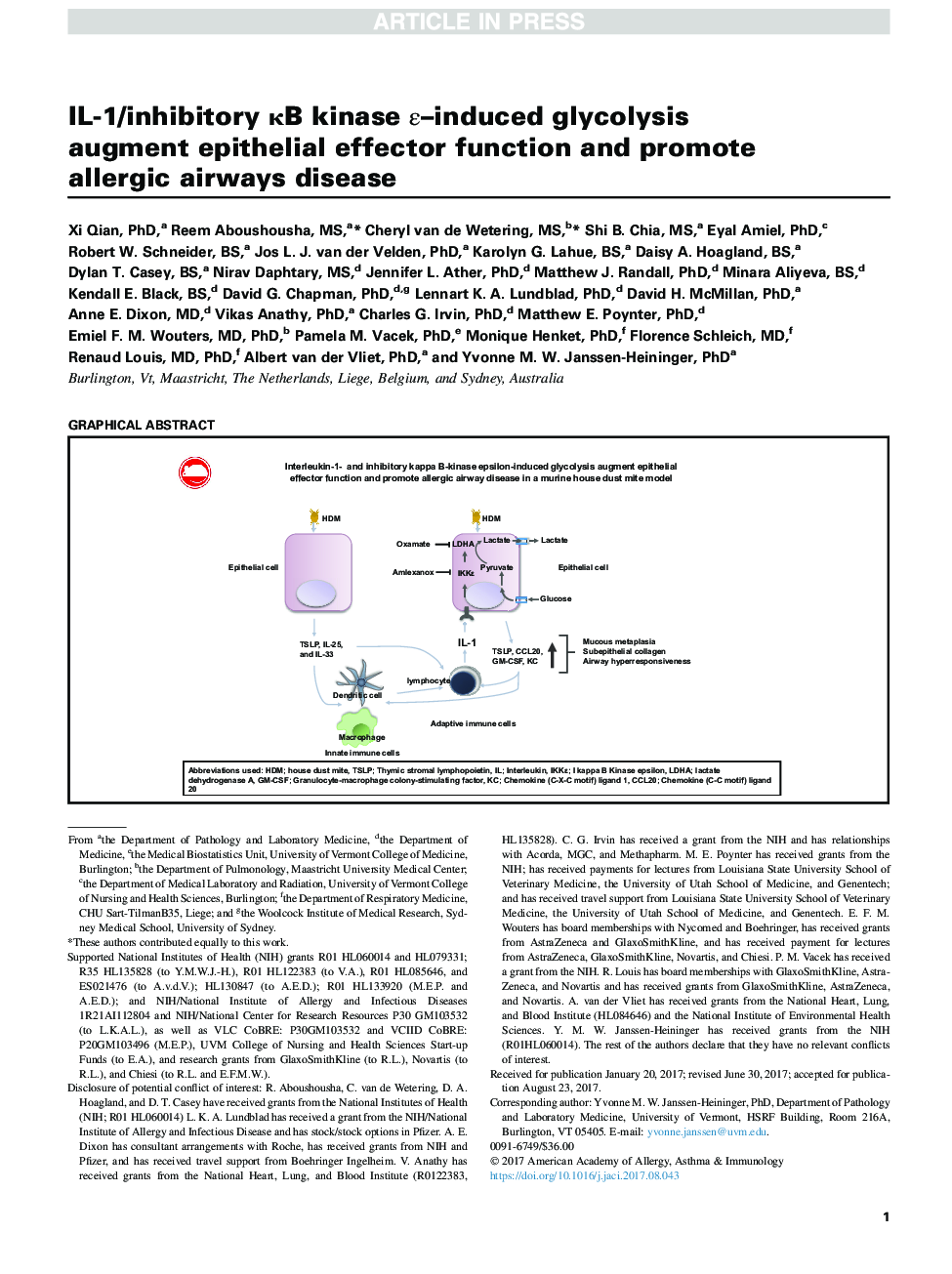 IL-1/inhibitory ÎºB kinase Îµ-induced glycolysis augment epithelial effector function and promote allergic airways disease