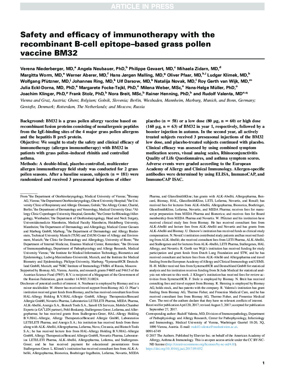 Safety and efficacy of immunotherapy with the recombinant B-cell epitope-based grass pollen vaccine BM32