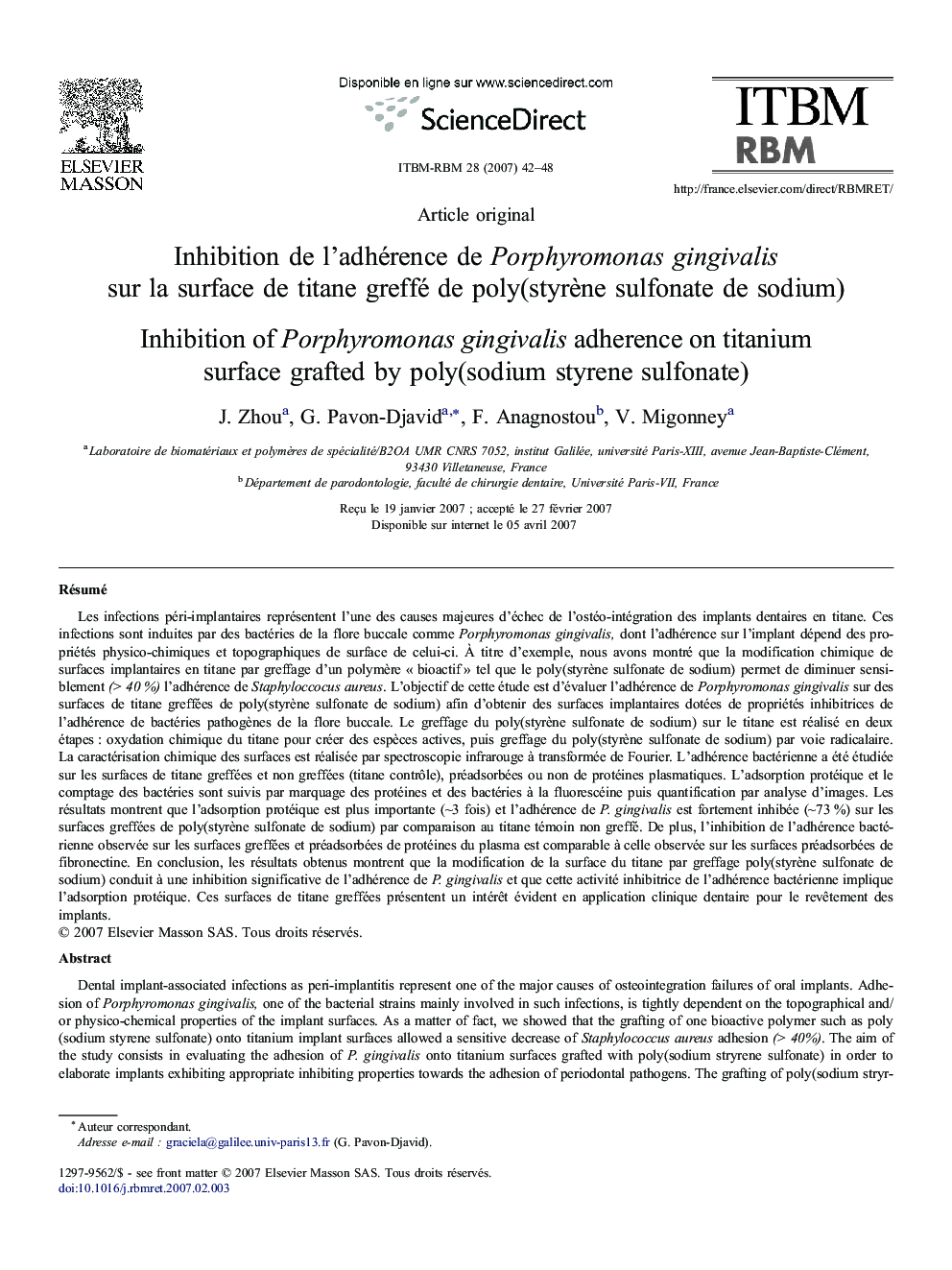 Inhibition de l'adhérence de Porphyromonas gingivalis sur la surface de titane greffé de poly(styrène sulfonate de sodium)