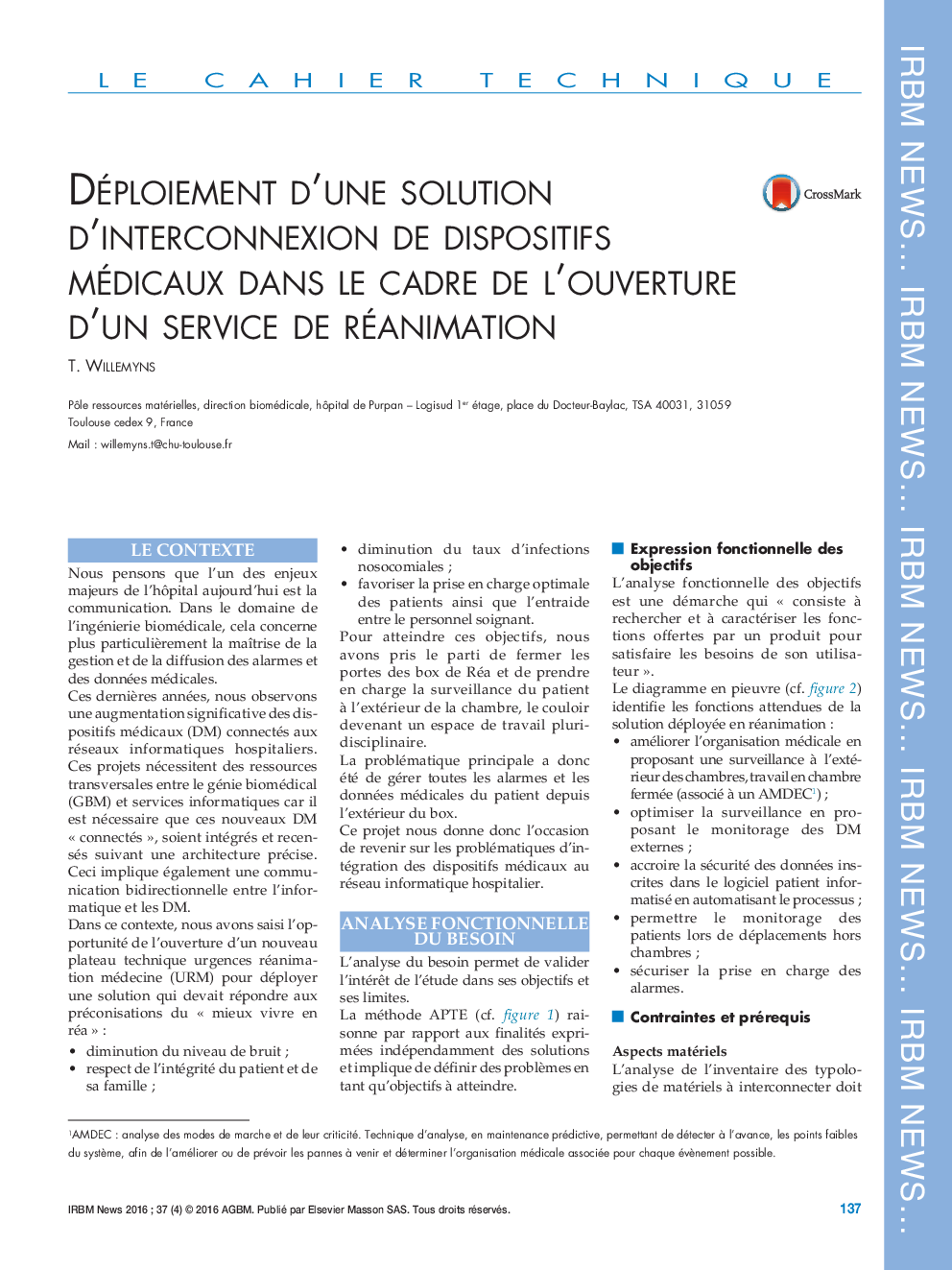 Déploiement d'une solution d'interconnexion de dispositifs médicaux dans le cadre de l'ouverture d'un service de réanimation