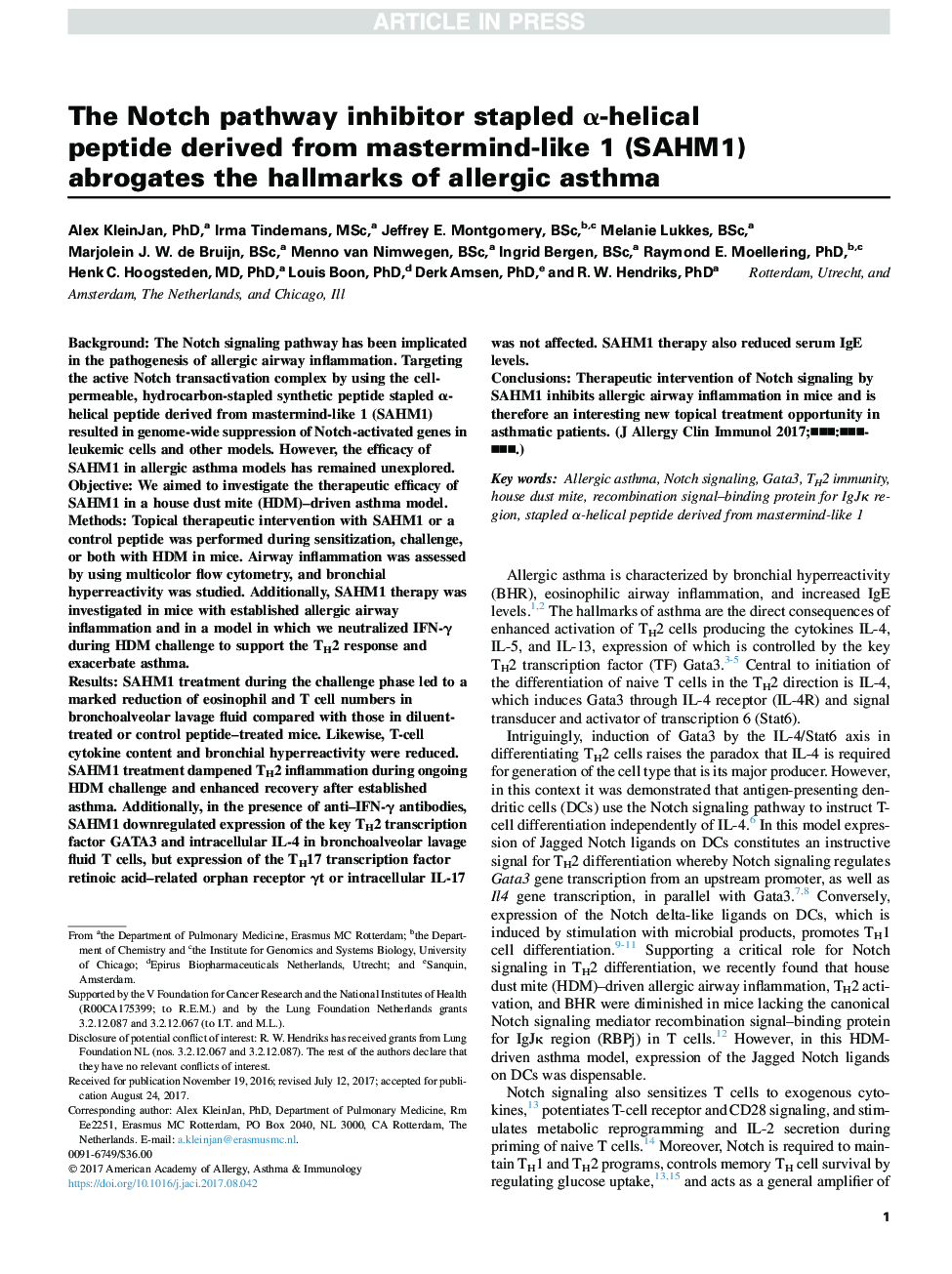 The Notch pathway inhibitor stapled Î±-helical peptide derived from mastermind-like 1 (SAHM1) abrogates the hallmarks of allergic asthma
