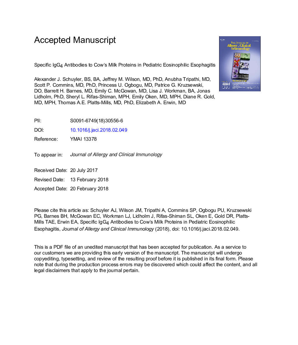 Specific IgG4 antibodies to cow's milk proteins in pediatric patients with eosinophilic esophagitis