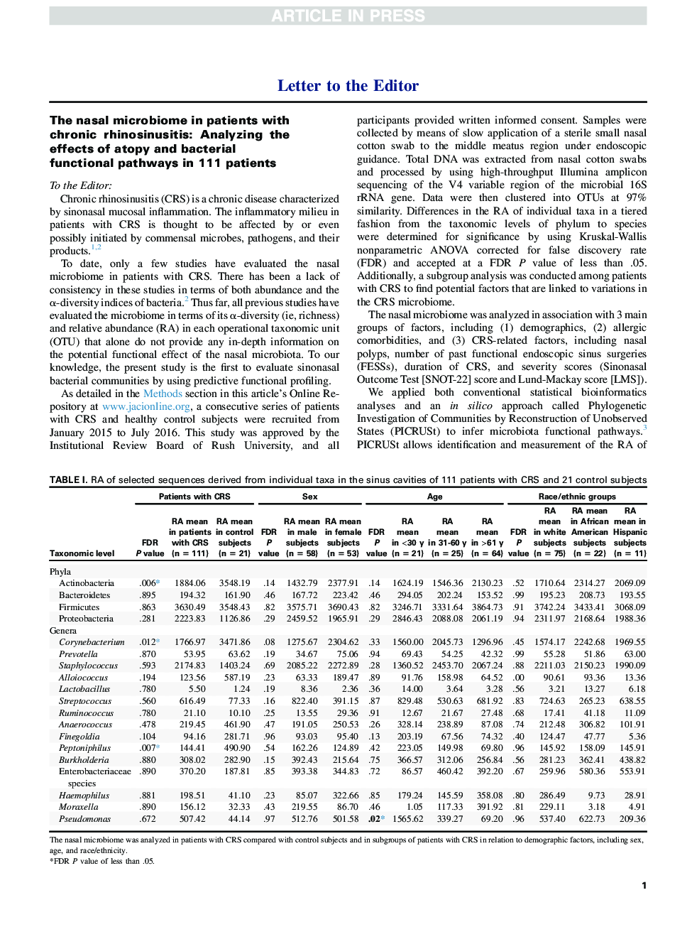 The nasal microbiome in patients with chronic rhinosinusitis: Analyzing the effects of atopy and bacterial functional pathways in 111 patients