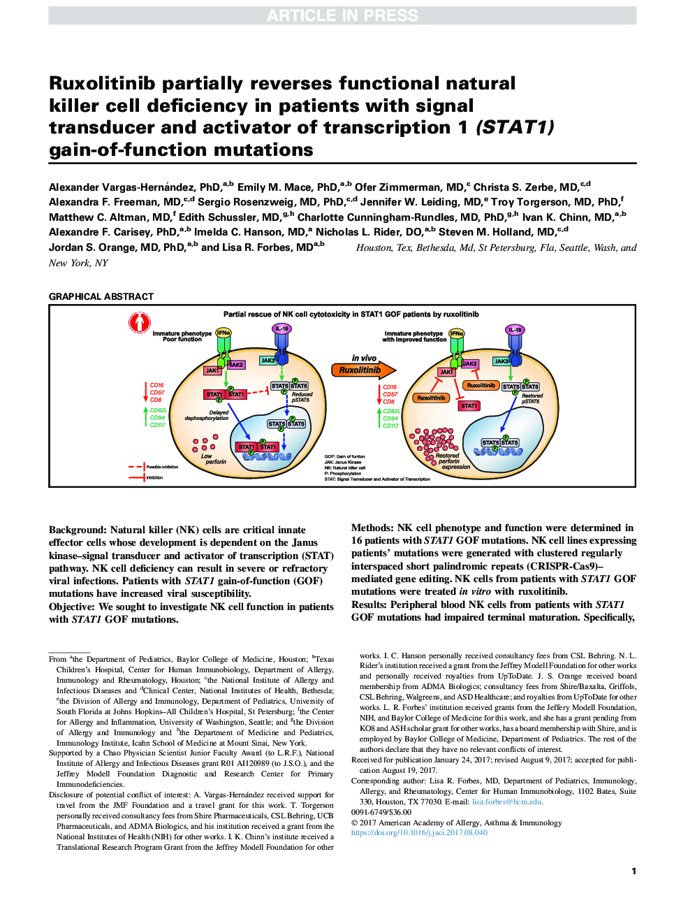 Ruxolitinib partially reverses functional natural killer cell deficiency in patients with signal transducer and activator of transcription 1 (STAT1) gain-of-function mutations