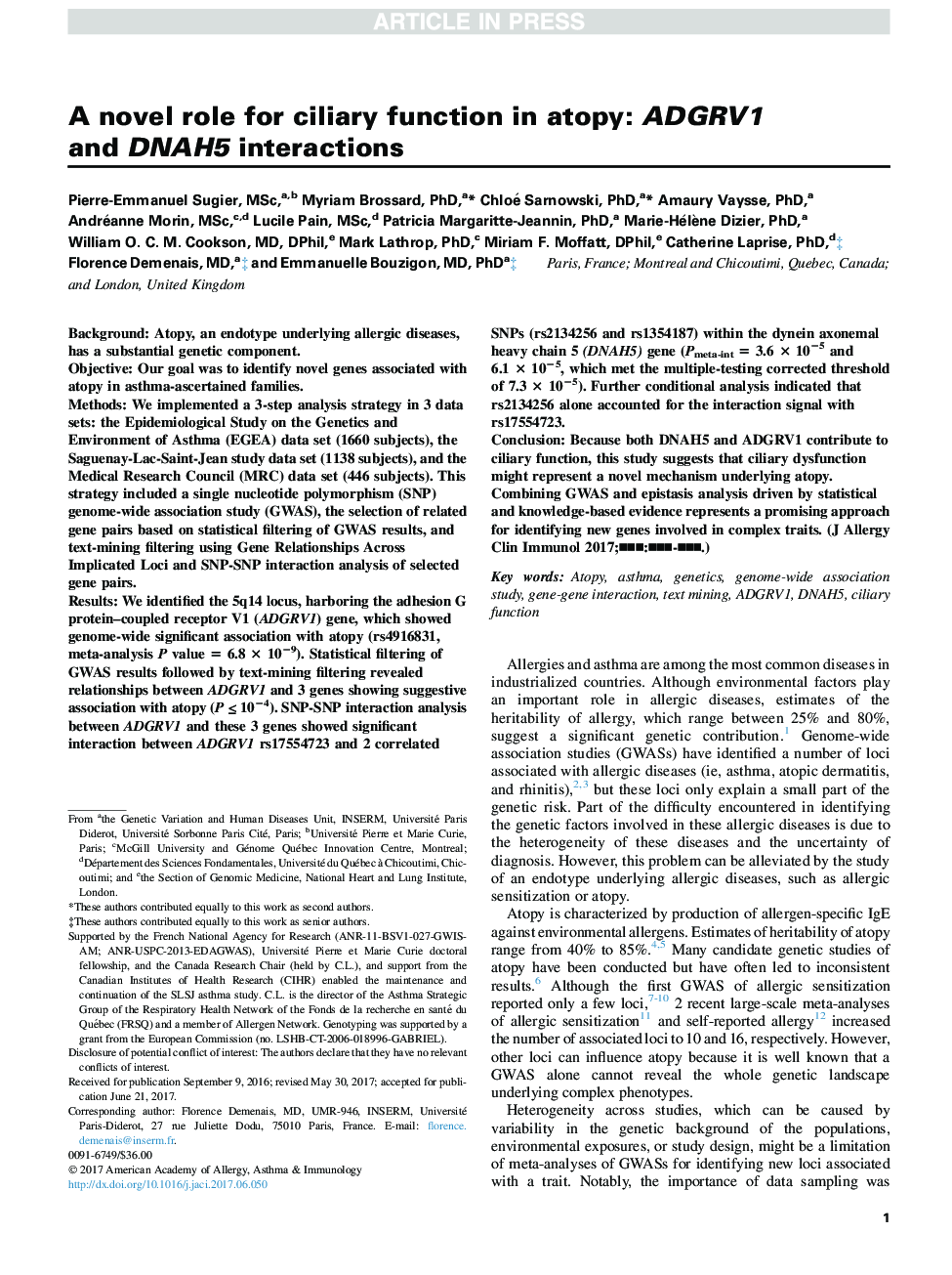 A novel role for ciliary function in atopy: ADGRV1 and DNAH5 interactions