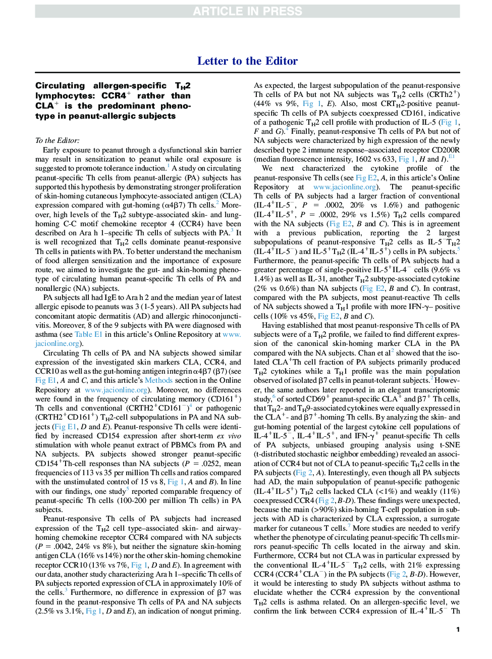 Circulating allergen-specific TH2 lymphocytes: CCR4+ rather than CLA+ is the predominant phenotype in peanut-allergic subjects