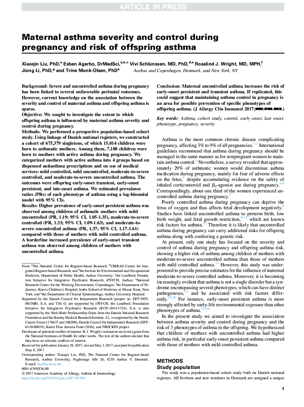 Maternal asthma severity and control during pregnancy and risk of offspring asthma