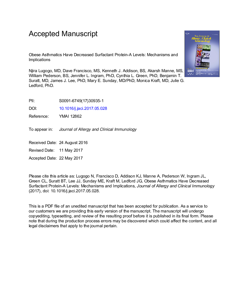 Obese asthmatic patients have decreased surfactant protein AÂ levels: Mechanisms and implications