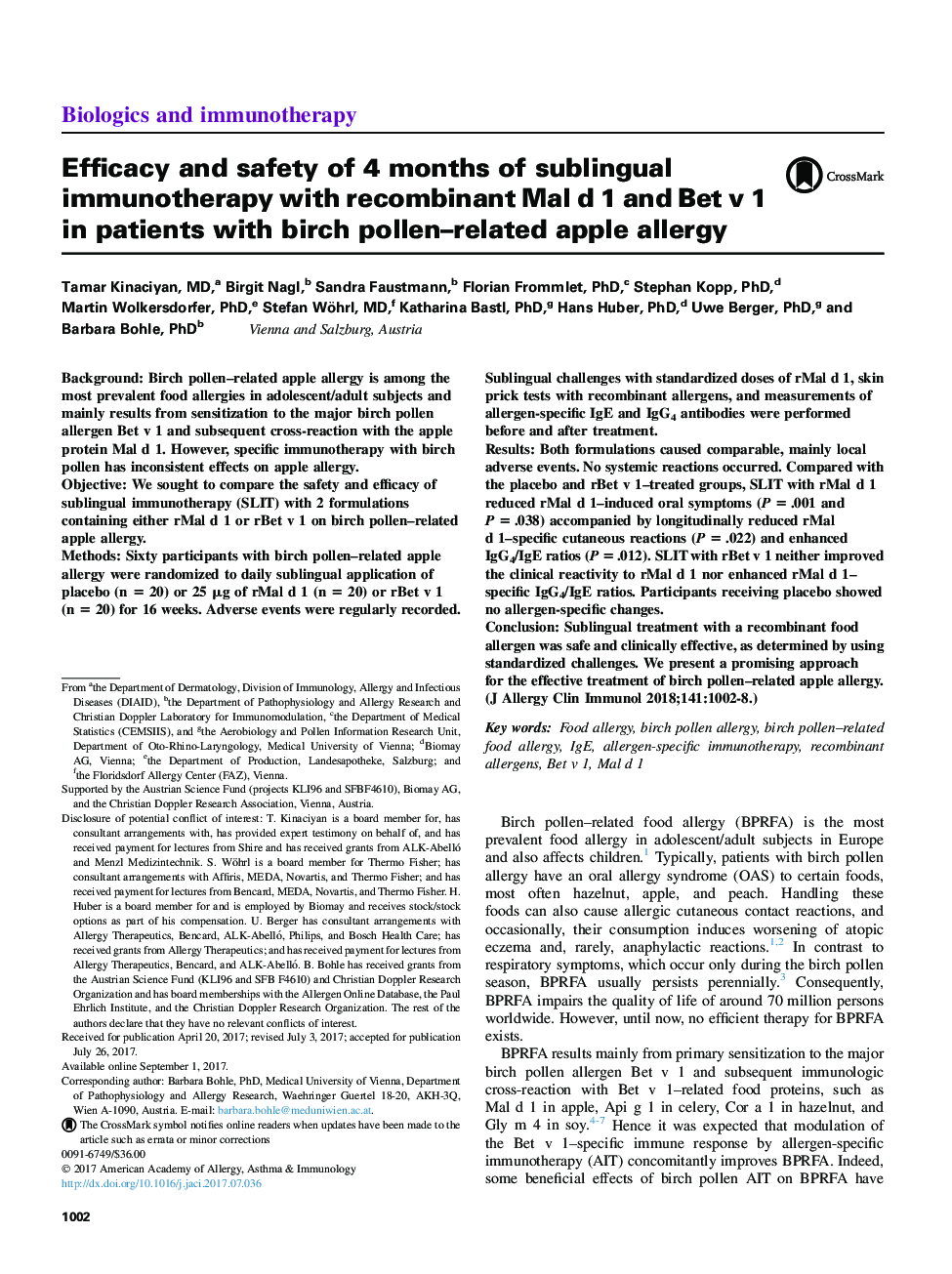 Efficacy and safety of 4Â months of sublingual immunotherapy with recombinant Mal d 1 and Bet v 1 in patients with birch pollen-related apple allergy