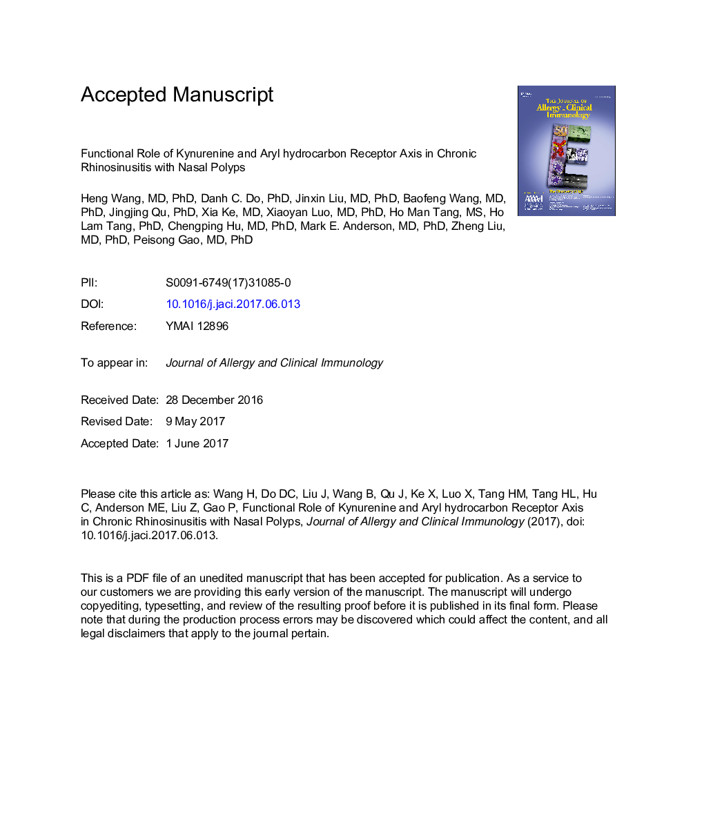 Functional role of kynurenine and aryl hydrocarbon receptor axis in chronic rhinosinusitis with nasal polyps