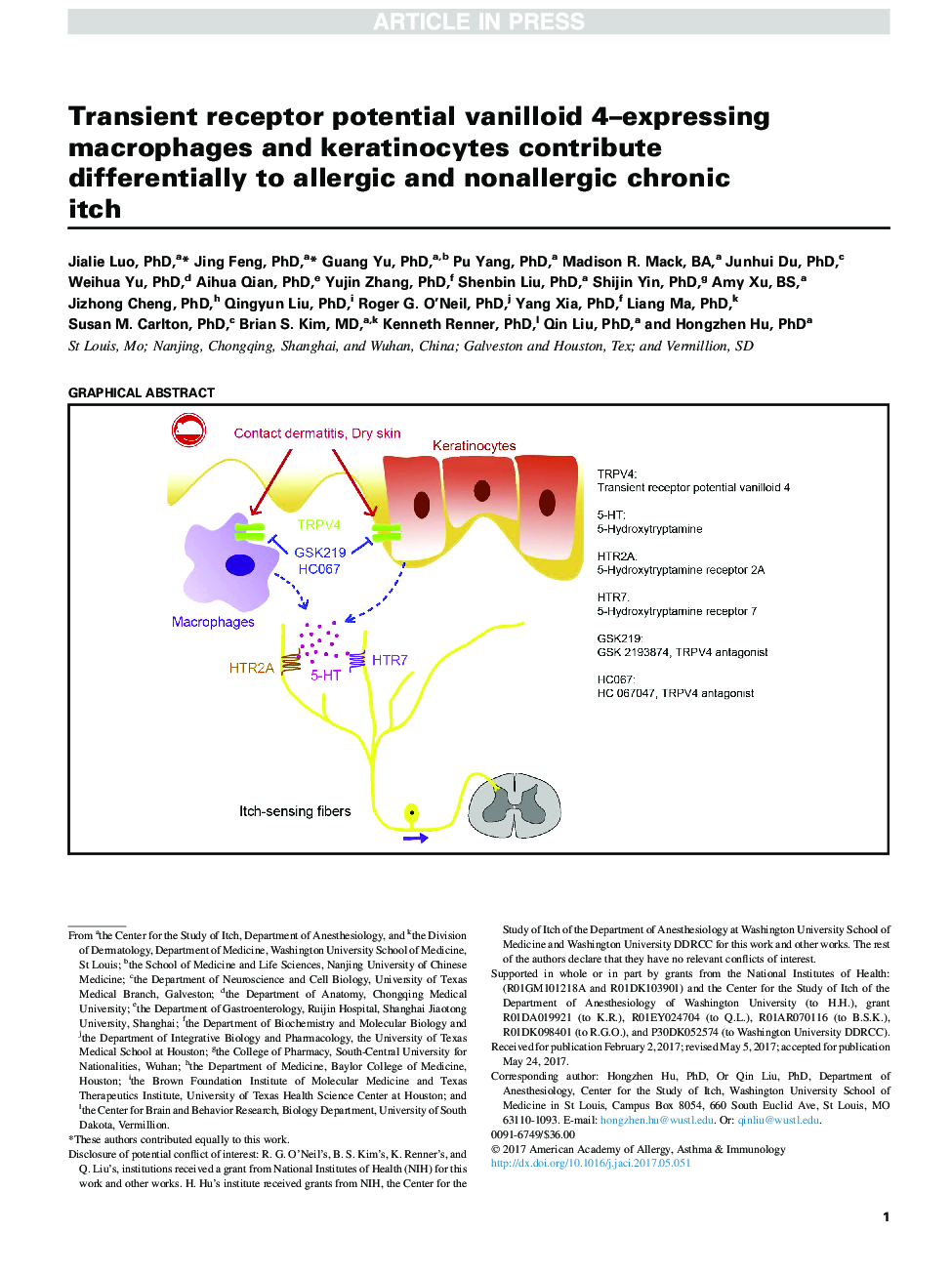 Transient receptor potential vanilloid 4-expressing macrophages and keratinocytes contribute differentially to allergic and nonallergic chronic itch