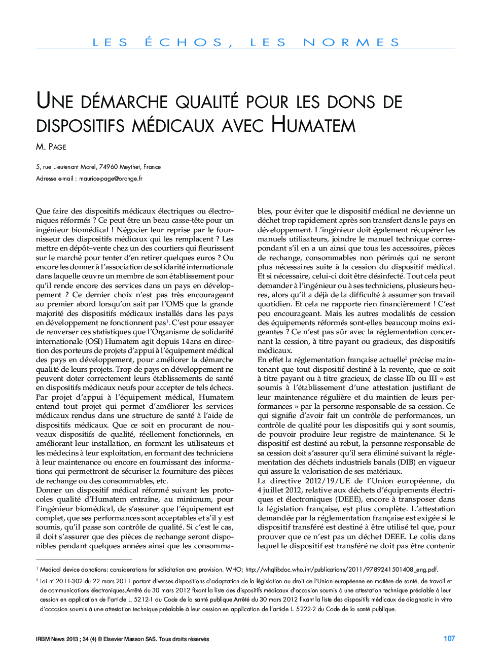 عکس صفحه اول مقاله: Une démarche qualité pour les dons de dispositifs médicaux avec Humatem Une démarche qualité pour les dons de dispositifs médicaux avec Humatem