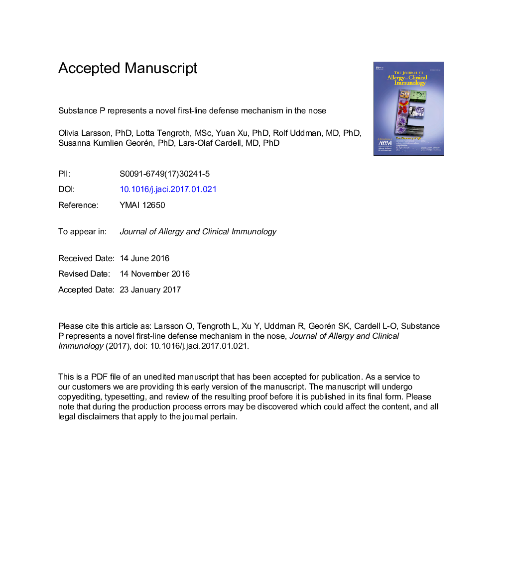 Substance P represents a novel first-line defense mechanism in the nose