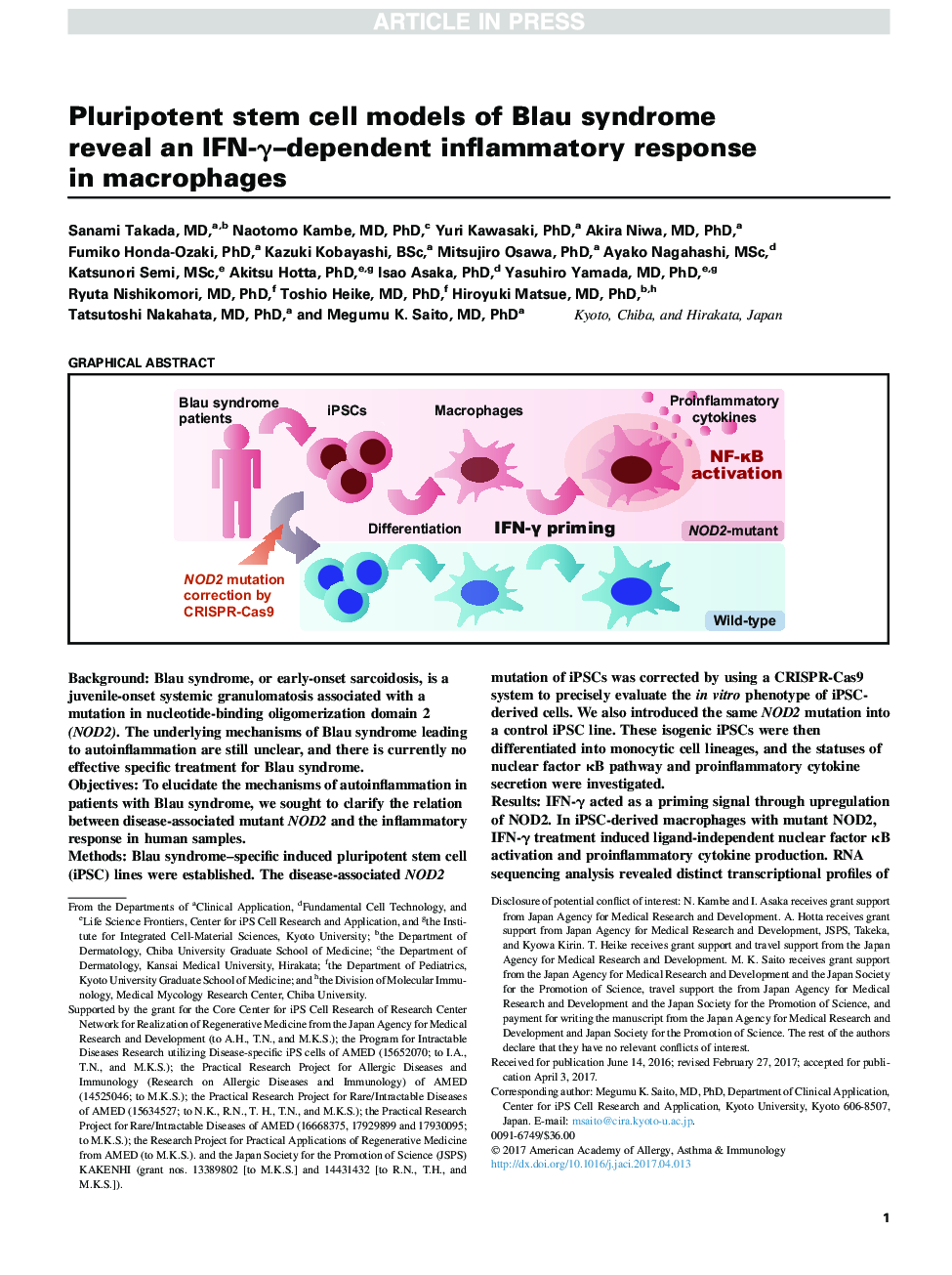 Pluripotent stem cell models of Blau syndrome reveal an IFN-Î³-dependent inflammatory response in macrophages