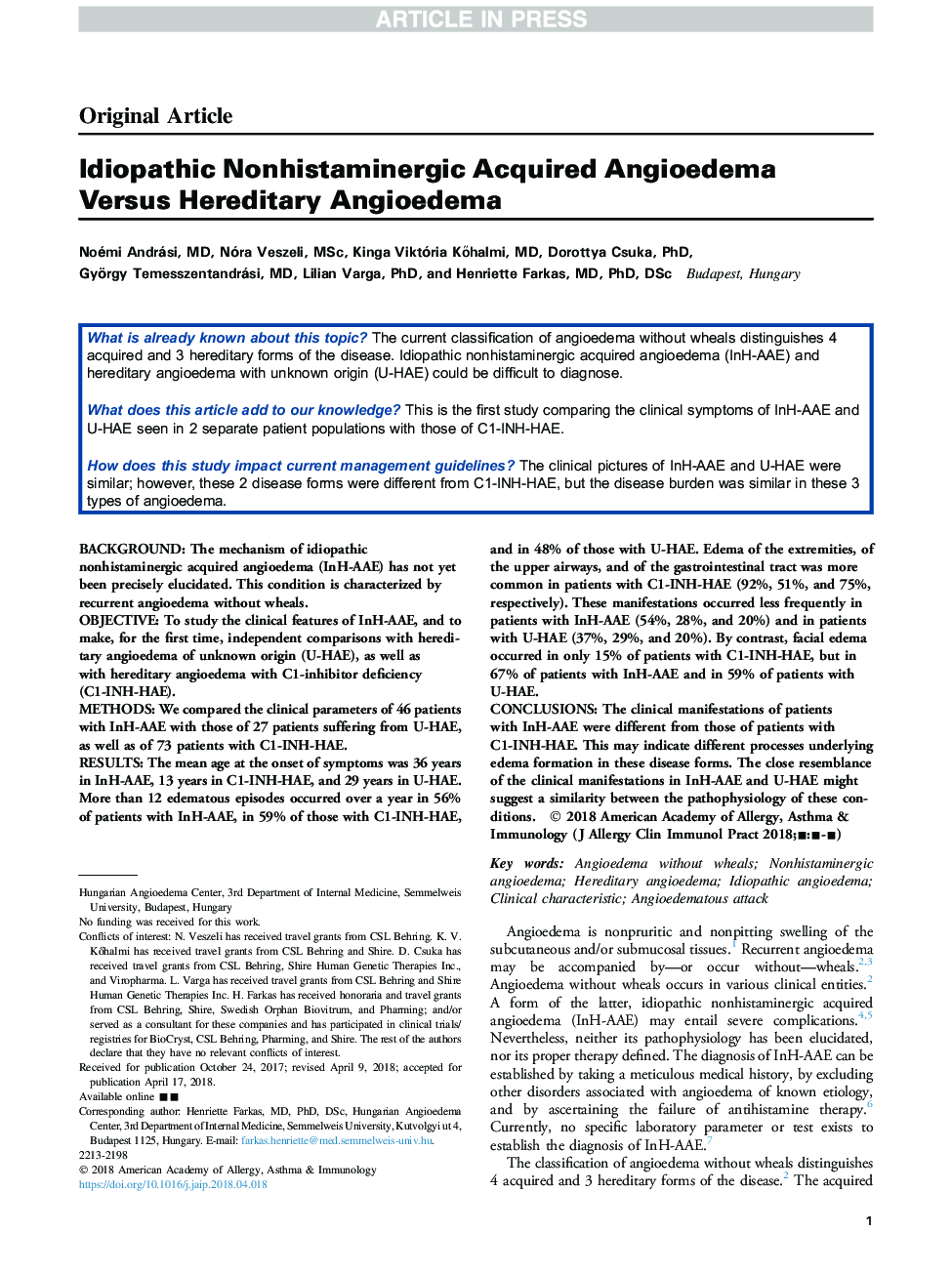 Idiopathic Nonhistaminergic Acquired Angioedema Versus Hereditary Angioedema