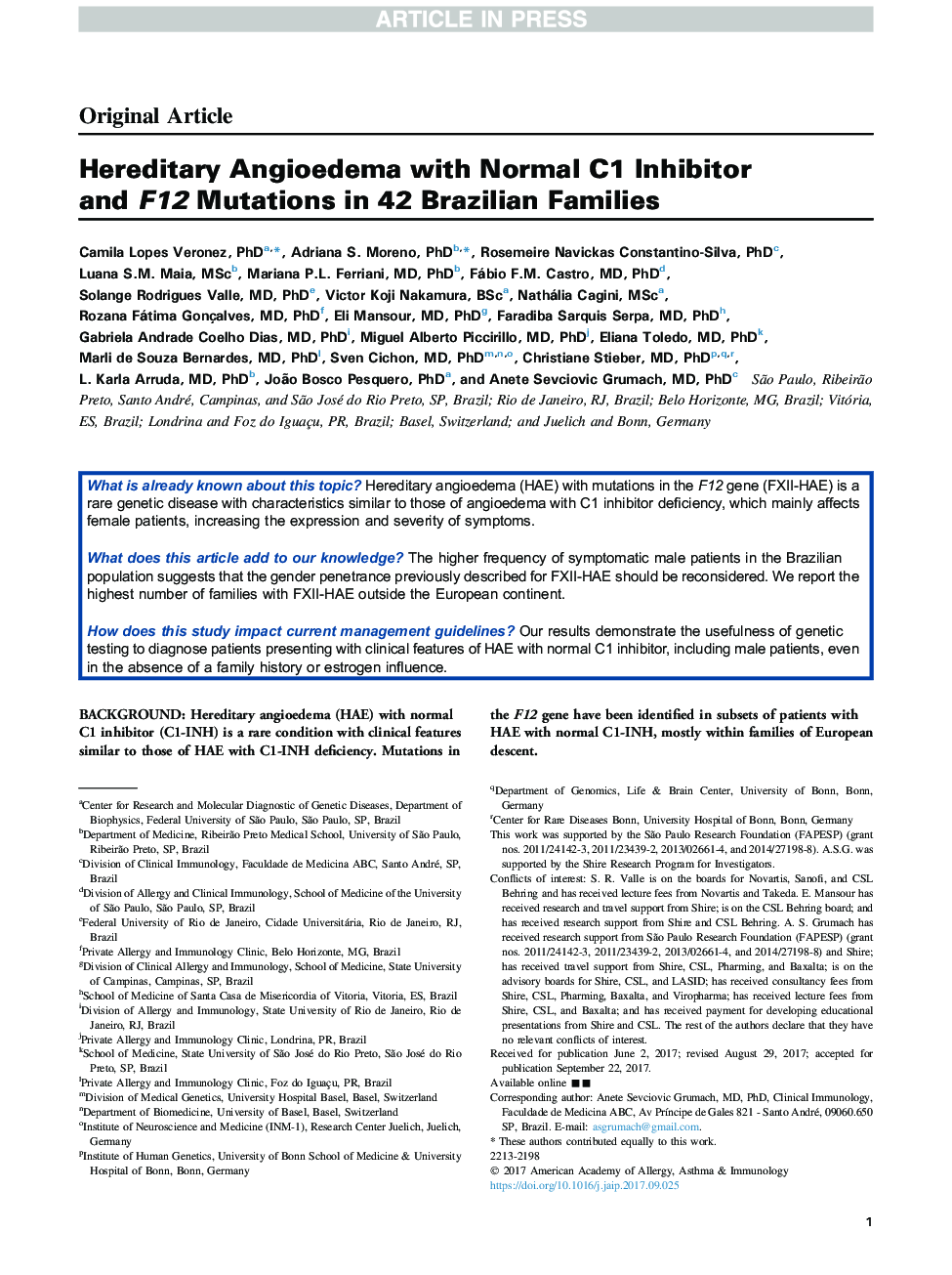 Hereditary Angioedema with Normal C1 Inhibitor and F12 Mutations in 42 Brazilian Families