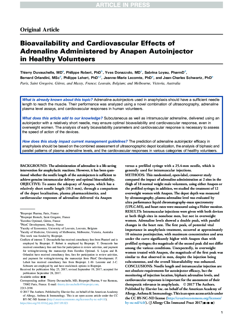 Bioavailability and Cardiovascular Effects of Adrenaline Administered by Anapen Autoinjector in Healthy Volunteers