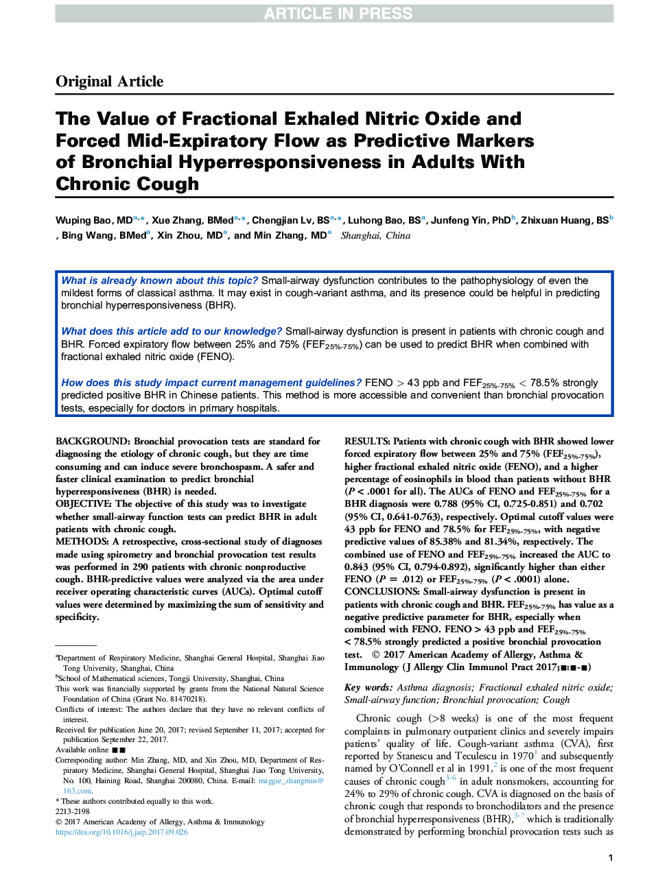 The Value of Fractional Exhaled Nitric Oxide and Forced Mid-Expiratory Flow as Predictive Markers of Bronchial Hyperresponsiveness in Adults with Chronic Cough