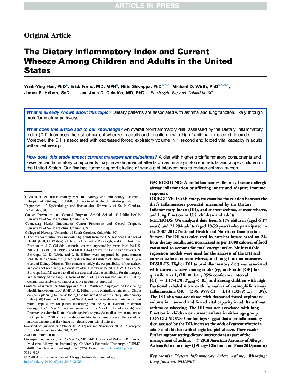 شاخص التهاب رژیم غذایی و مرگ و میر در میان کودکان و بزرگسالان در ایالات متحده 