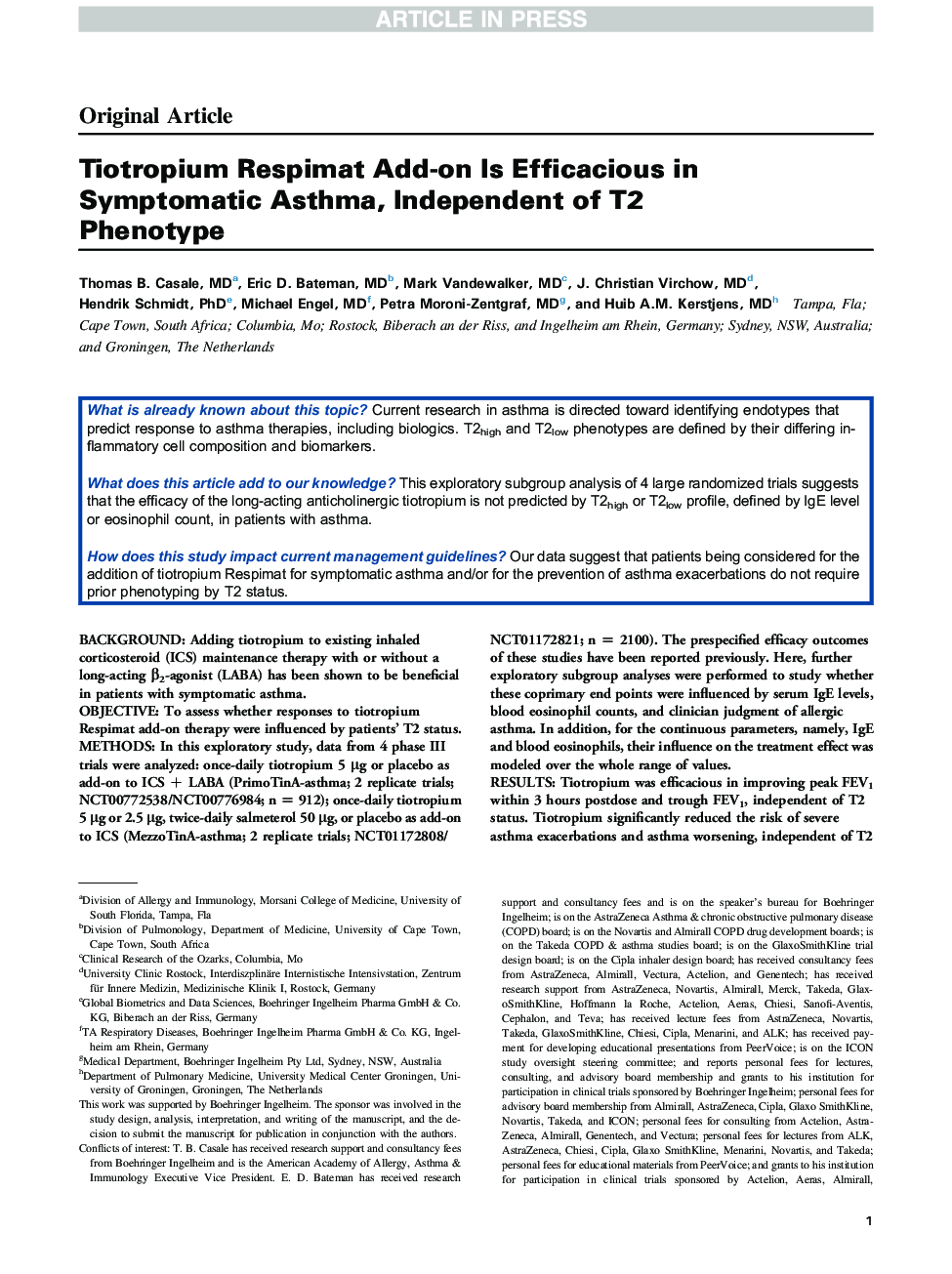Tiotropium Respimat Add-on Is Efficacious in Symptomatic Asthma, Independent of T2 Phenotype