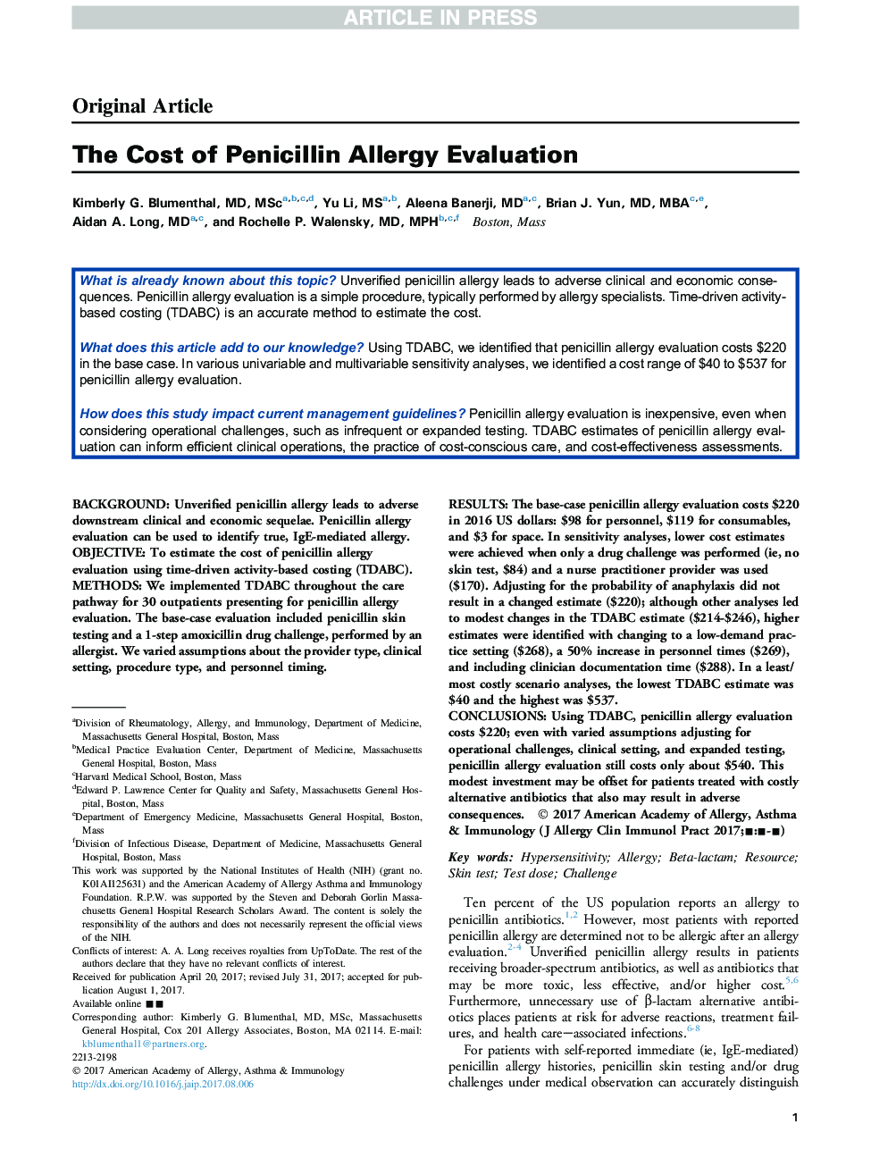 The Cost of Penicillin Allergy Evaluation