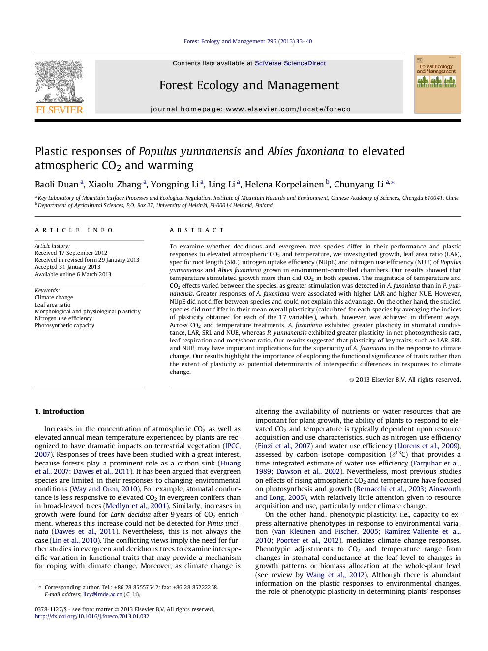 Plastic responses of Populus yunnanensis and Abies faxoniana to elevated atmospheric CO2 and warming