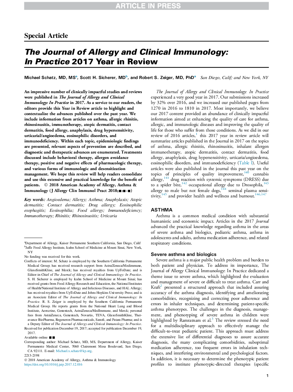 The Journal of Allergy and Clinical Immunology: InÂ Practice 2017 Year in Review