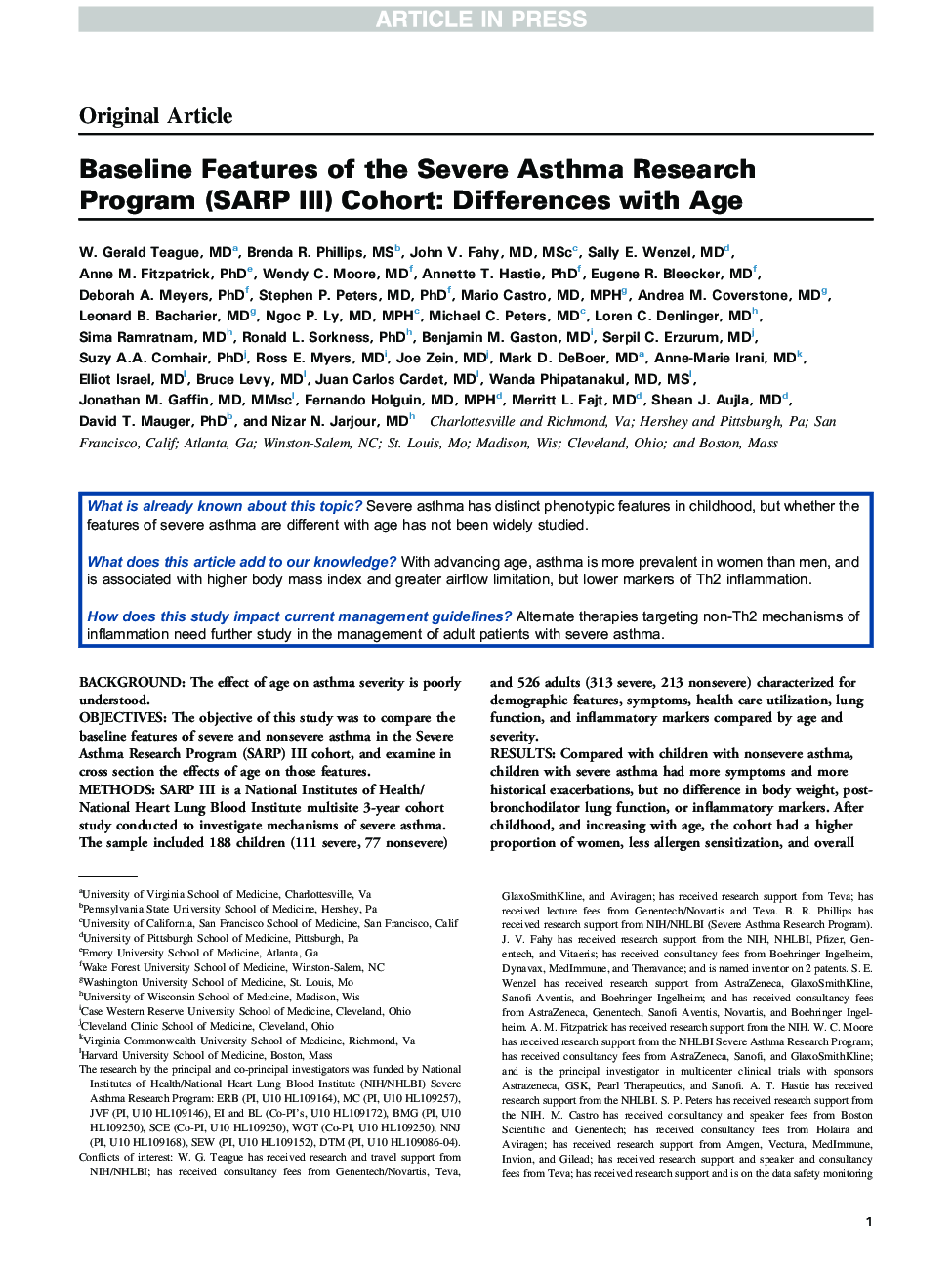 Baseline Features of the Severe Asthma Research Program (SARP III) Cohort: Differences with Age