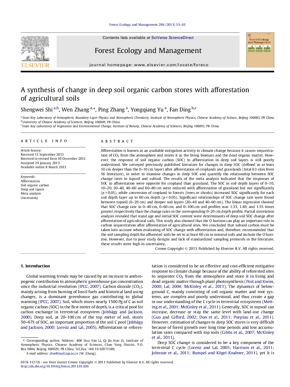 A synthesis of change in deep soil organic carbon stores with afforestation of agricultural soils